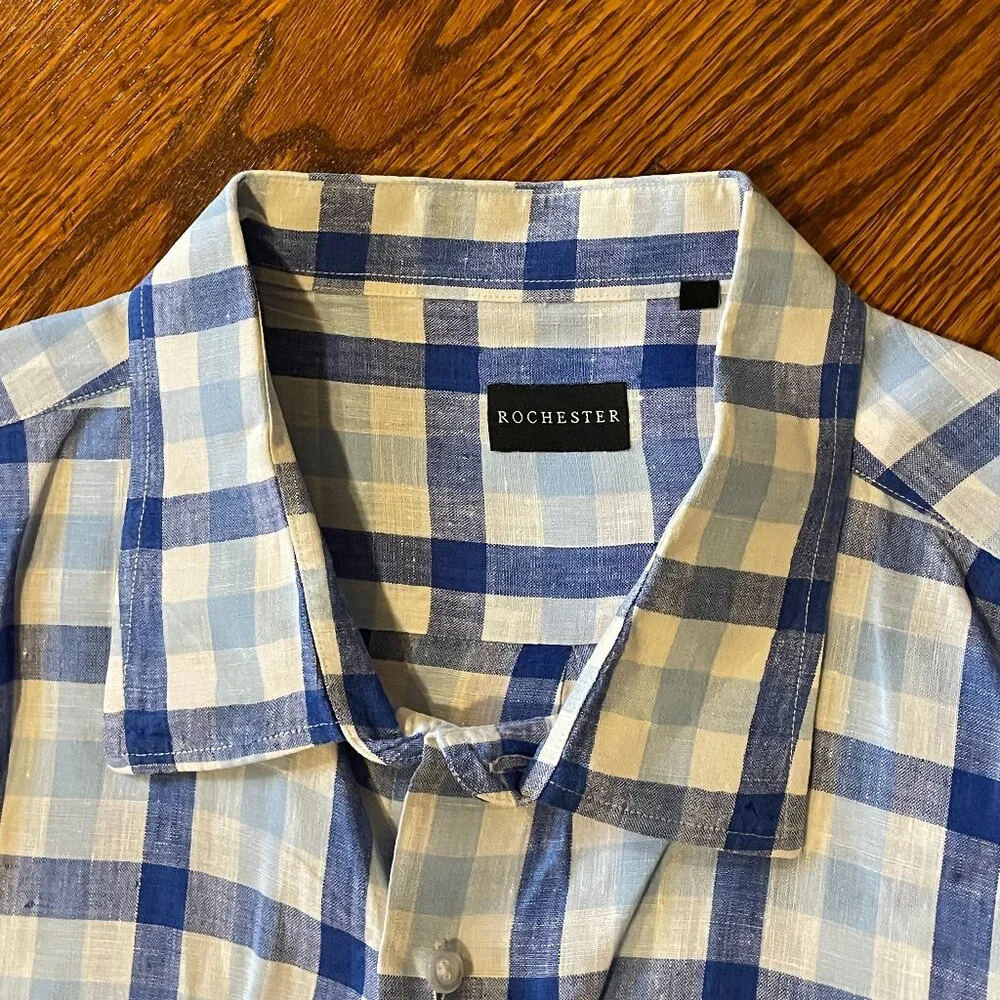 Rochester Big & Tall Blue/White Check Linen Shirt - Size 3XLT - Picture 2 of 4